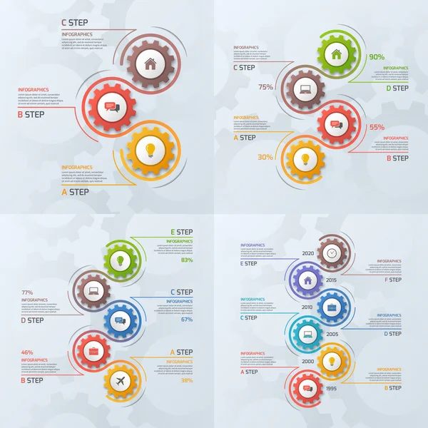 Conjunto de modelos de infográficos de negócios de linha do tempo com engrenagens engrenagens com 3-6 passos, processos, peças, opções . —  Vetores de Stock