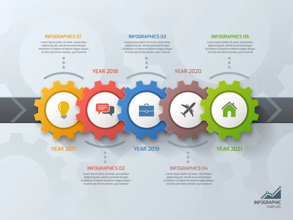 Infographic sjabloon van de business van de tijdlijn met tandwielen tandwielen 5 stappen, processen, onderdelen, opties. — Stockvector