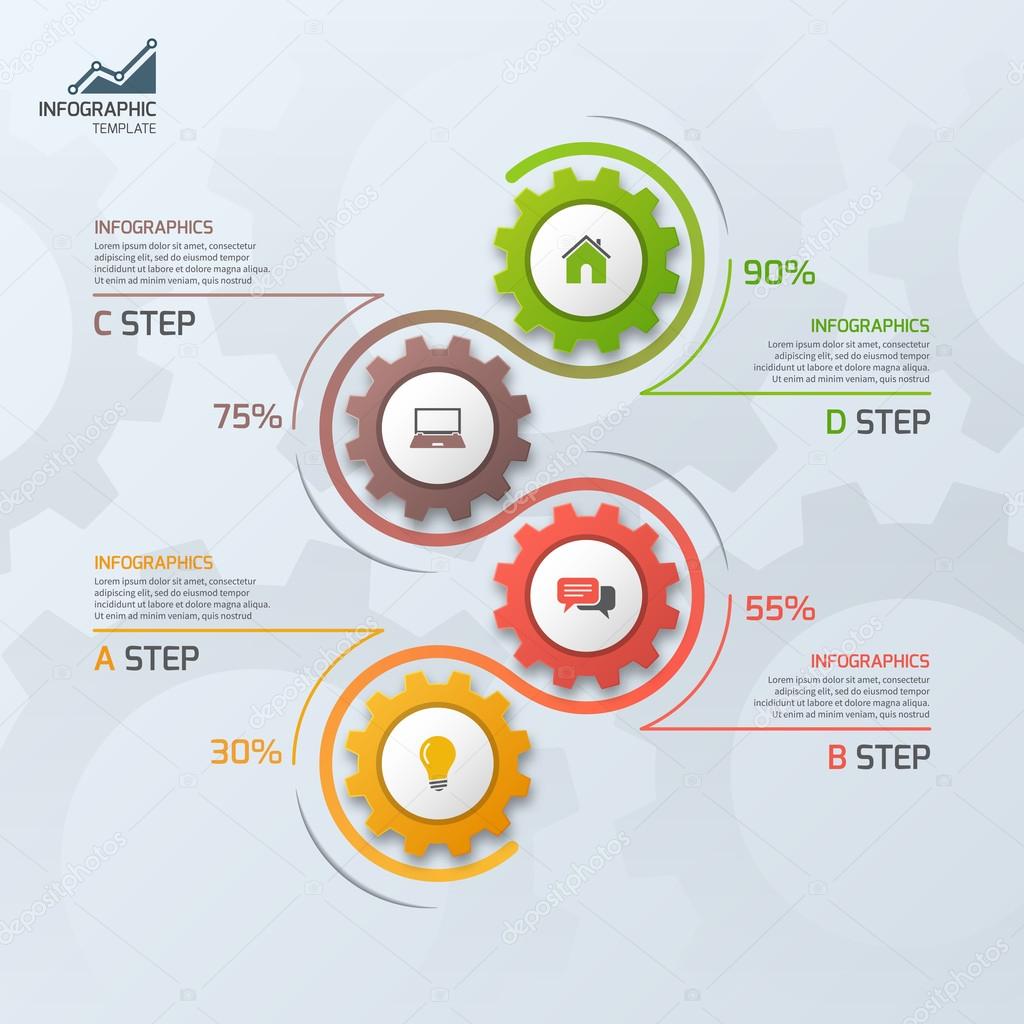 Timeline business infographic template with gears cogwheels 4 steps, processes, parts, options.