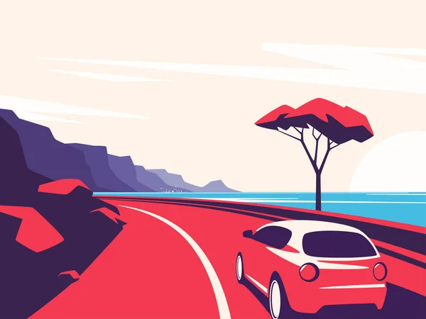 Ilustração vetorial de um carro vermelho se movendo ao longo da estrada da montanha oceânica —  Vetores de Stock