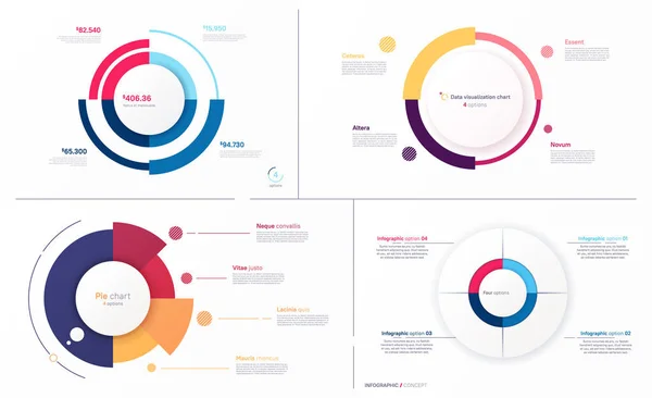 Set von Vektorkreisdiagramm-Designs, moderne Vorlagen zur Erstellung von Infografiken, Präsentationen, Berichten, Visualisierungen — Stockvektor
