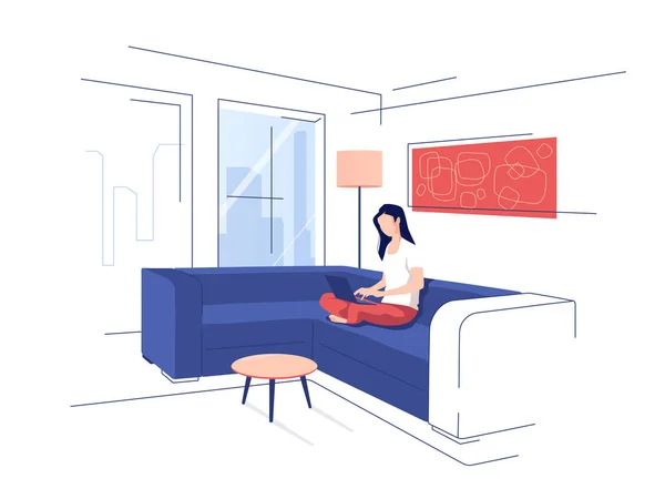 Vector illustratie beeltenis van een jong meisje in een modern interieur met behulp van een laptop tijdens het zitten op een thuisbank — Stockvector