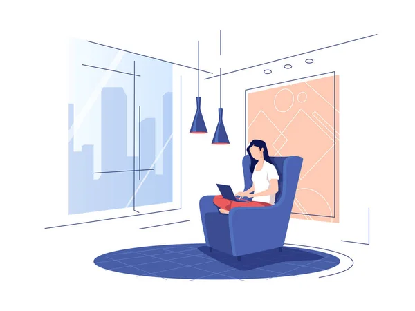 Vektor illustration som skildrar en ung flicka i en modern interiör med hjälp av en bärbar dator när du sitter i en hemstol — Stock vektor