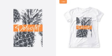 Yaz grafik kadın tişörtü ananas, stil baskısı, vektör illüstrasyonu