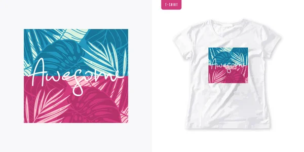 Projeto gráfico da t-shirt das mulheres do verão, impressão tropical colorida, ilustração do vetor — Vetor de Stock