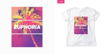 Yazlık grafik kadın tişörtü, palmiye ağaçları, şık baskı, renkli vektör çizimi