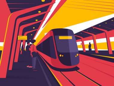 İstasyon platformunda. Tren, tramvay, metro yolculuğu konulu illüstrasyon