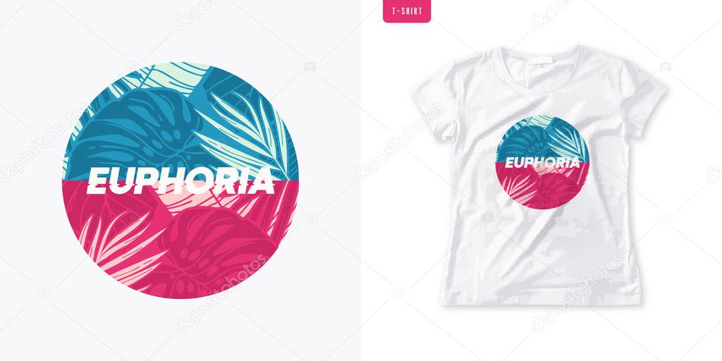 Summer graphic womens t-shirt design, colrful tropical print, vector illustration