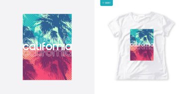 Yazlık grafik kadın tişörtü, palmiye ağaçları, şık baskı, renkli vektör çizimi