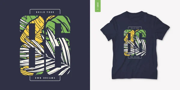 Diseño gráfico colorido de la camiseta del verano, impresión tropical, ilustración del vector — Vector de stock