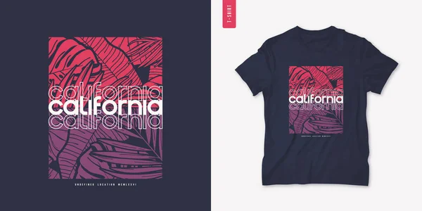 T-shirt graphique d'été Californie, imprimé tropical, illustration vectorielle — Image vectorielle