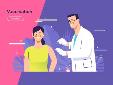 Erkek bir doktorun Coronavirus 'a karşı genç bir kadını aşıladığını gösteren vektör çizimi