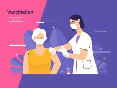 Kadın bir doktorun Coronavirus 'a karşı yaşlı bir kadını aşıladığını gösteren vektör çizimi
