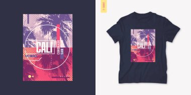 California yazlık grafik tişört tasarımı, tropikal baskı, vektör illüstrasyonu