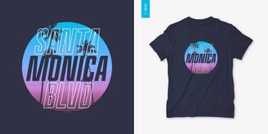 Santa Monica Kaliforniya grafik tişört tasarımı Palm tress, yaz retro baskısı, vektör illüstrasyonu
