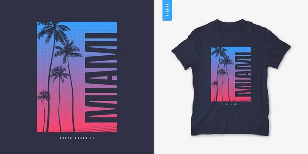 Miami Florida graphic t-shirt design with palm tress, summer retro print, vector illustration — Stock Vector