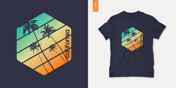 Projeto gráfico da t-shirt de Califórnia com tress da palma, impressão retro do verão, ilustração do vetor —  Vetores de Stock