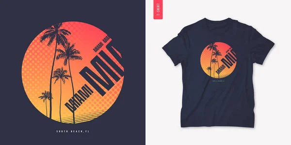 Miami Florida grafik tişört tasarımı Palm tress, yaz retro baskısı, vektör illüstrasyonu — Stok Vektör