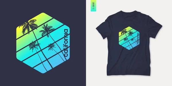 Projeto gráfico da t-shirt de Califórnia com tress da palma, impressão retro do verão, ilustração do vetor —  Vetores de Stock