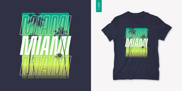 Miami Florida design gráfico t-shirt com palmeira, impressão retro verão, ilustração vetor — Vetor de Stock