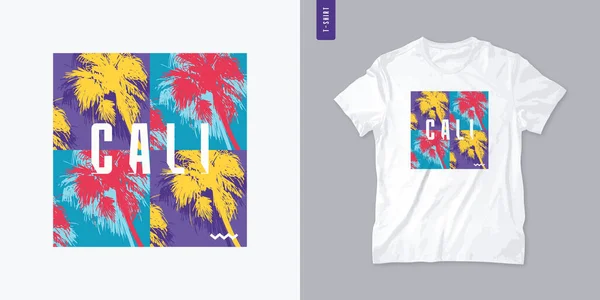 California graphic t-shirt design with palm tress, summer retro print, colorful vector illustration — Stock Vector