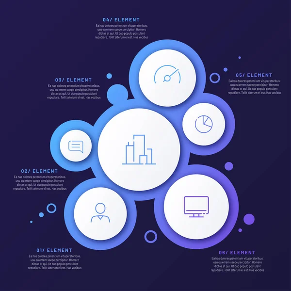 Abstrakte Vektorgradienten minimalistische Infografik-Vorlage bestehend aus 6 Kreisen — Stockvektor