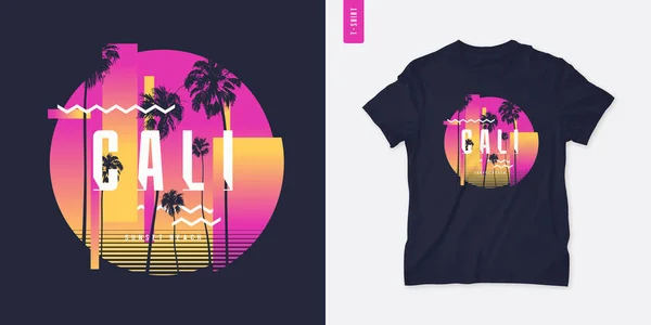Sunset strand California grafikus póló design pálmaággyal, nyári retro print, vektor illusztráció — Stock Vector