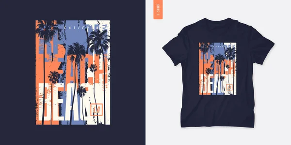 Playa California gráfico camiseta verano diseño con palmeras, vector de ilustración — Archivo Imágenes Vectoriales