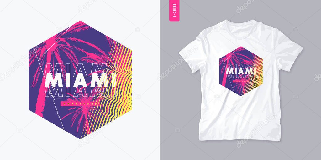 Miami Florida graphic t-shirt design with palm tress, summer print, vector illustration