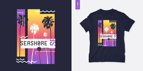 Projeto gráfico da t-shirt da praia com palmeiras, ilustração vetorial —  Vetores de Stock