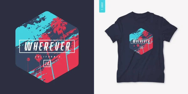 California graphic t-shirt summer design with palm trees, vector illustration — ストックベクタ