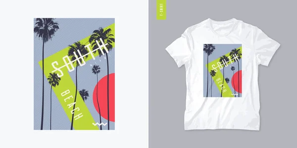 Diseño de camiseta gráfica de playa sur con palmeras, ilustración vectorial — Vector de stock