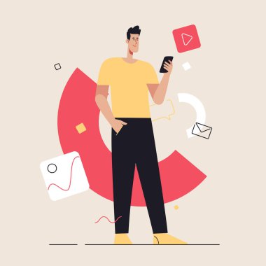 Sosyal medya içeriği ve iletişim konularında iş konsepti düz stil vektör çizimi. Düzenlenebilir vuruş