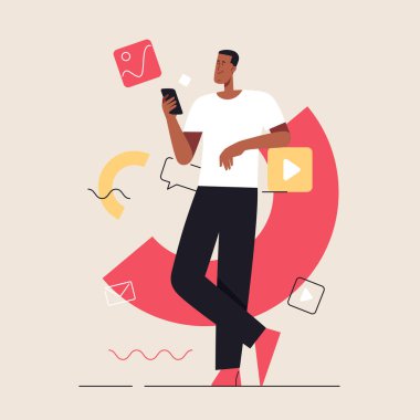 Sosyal medya içeriği ve iletişim konularında iş konsepti düz stil vektör çizimi. Düzenlenebilir vuruş