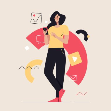 Sosyal medya içeriği ve iletişim konularında iş konsepti düz stil vektör çizimi. Düzenlenebilir vuruş