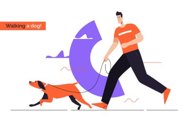 Tasmalı bir köpeği kovalayan gülümseyen genç adam. Düz stil taslak vektör çizimi. Düzenlenebilir vuruş