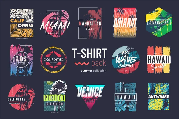 Colección de catorce coloridos vector camiseta verano diseños, impresiones, ilustraciones — Archivo Imágenes Vectoriales