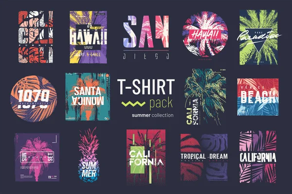 Συλλογή από δεκατέσσερα πολύχρωμα διανυσματικά t-shirt καλοκαιρινά σχέδια, εκτυπώσεις, εικόνες — Διανυσματικό Αρχείο