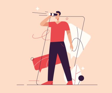 Vektör illüstrasyonu, gelecekteki fırsatları ve yeni fikirleri arama konusunda dürbünle bakan bir adamı tasvir ediyor. Düzenlenebilir vuruş