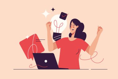 Başarıyı kutlayan genç bir kadını tasvir eden vektör çizimi. Düzenlenebilir vuruş