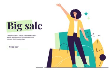 Vector illüstrasyonunda, alışveriş çantalarının arkasında duran mutlu genç bir kadın resmediliyor. Düzenlenebilir vuruş