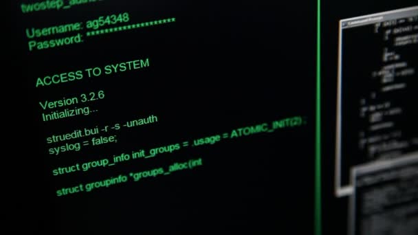 Codice degli hacker in esecuzione sul terminale dello schermo del computer. lampeggiare le finestre su uno sfondo . — Video Stock