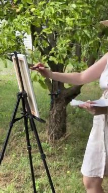 Kadın sanatçı doğal bir ağaç manzarası çizer ve sıcak güneş ışığı, Plein Air. Yüksek kalite 4k görüntü