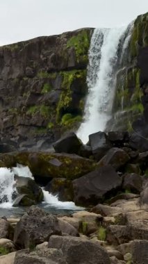 İzlanda Şelalesi Lav Kayalıkları Arkaplanı ile Şelale. Yüksek kalite 4k görüntü