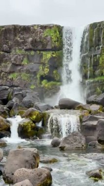 İzlanda Şelalesi Lav Kayalıkları Arkaplanı ile Şelale. Yüksek kalite 4k görüntü
