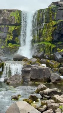 İzlanda Şelalesi Lav Kayalıkları Arkaplanı ile Şelale. Yüksek kalite 4k görüntü