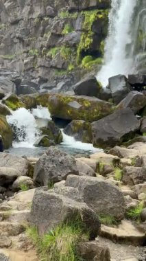 İzlanda Şelalesi Lav Kayalıkları Arkaplanı ile Şelale. Yüksek kalite 4k görüntü