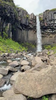 İzlanda 'daki güçlü şelale Basalt Kaya Suratı' nın üzerinde akıyor. Yüksek kalite 4k görüntü