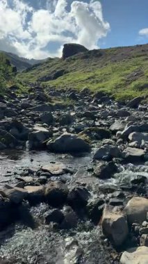 İzlanda 'nın çorak Highland Ovası' nda sığ Rocky Stream akıntısı. Yüksek kalite 4k görüntü