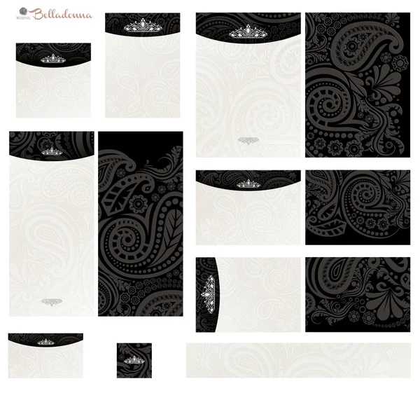 Royal paisley diamond tiara contrast black and ecru wedding invitation set1 — Stock Photo, Image